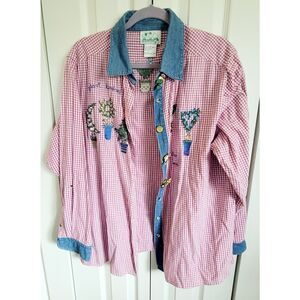 Quacker Factory 1X Shirt Gingham Plaid‎ Gardening Farmcore Button Up Vtg Cotton